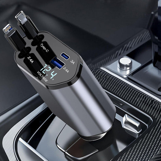 Retractable Car Charger 4 in 1 Fast Car Phone Charger 120W with USB Type C Cable