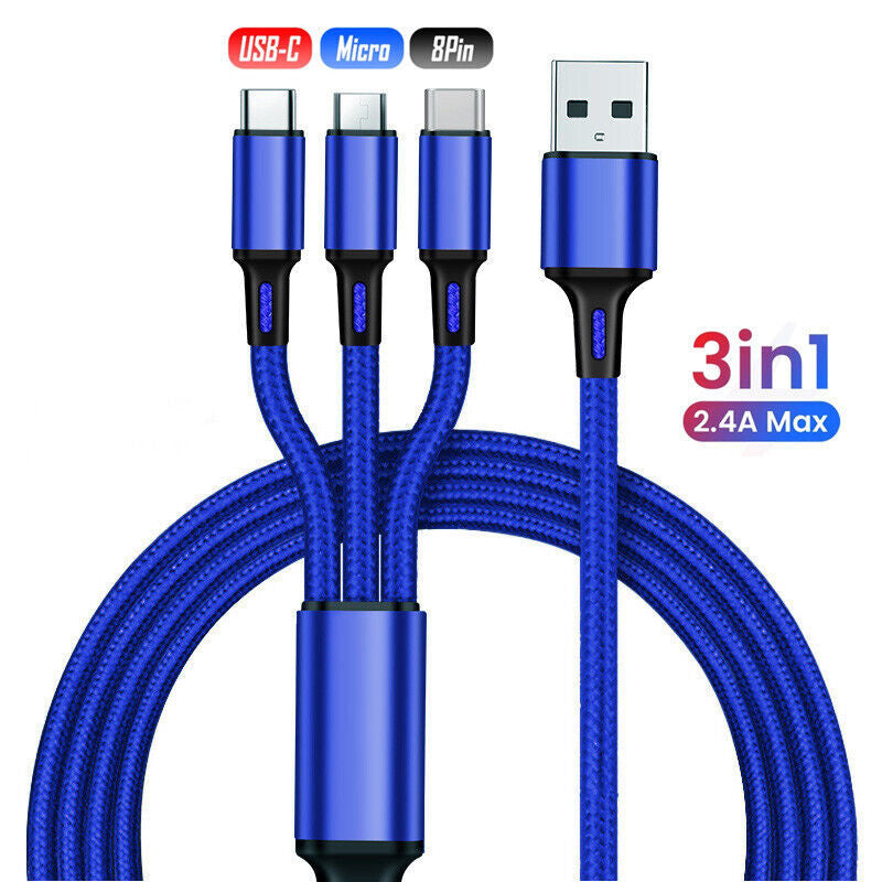 3 in 1 Fast USB Charging Cable Universal Multi Function Cell Phone Charger Cord