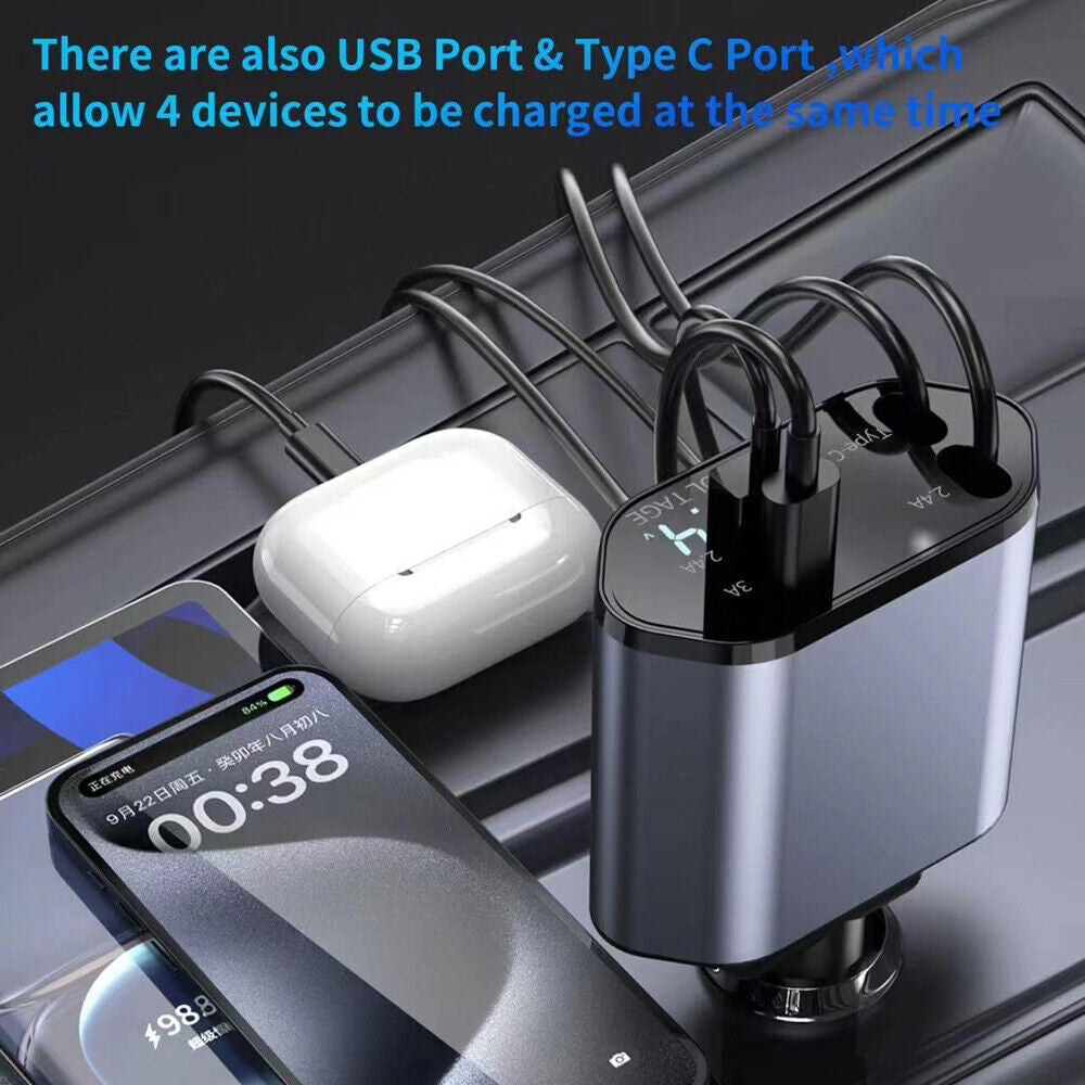 Retractable Car Charger 4 in 1 Fast Car Phone Charger 120W with USB Type C Cable