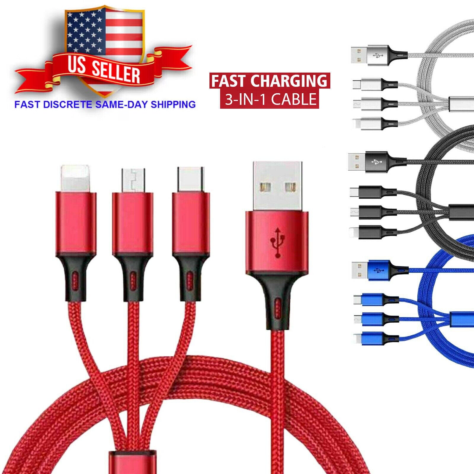 3 in 1 Fast USB Charging Cable Universal Multi Function Cell Phone Charger Cord