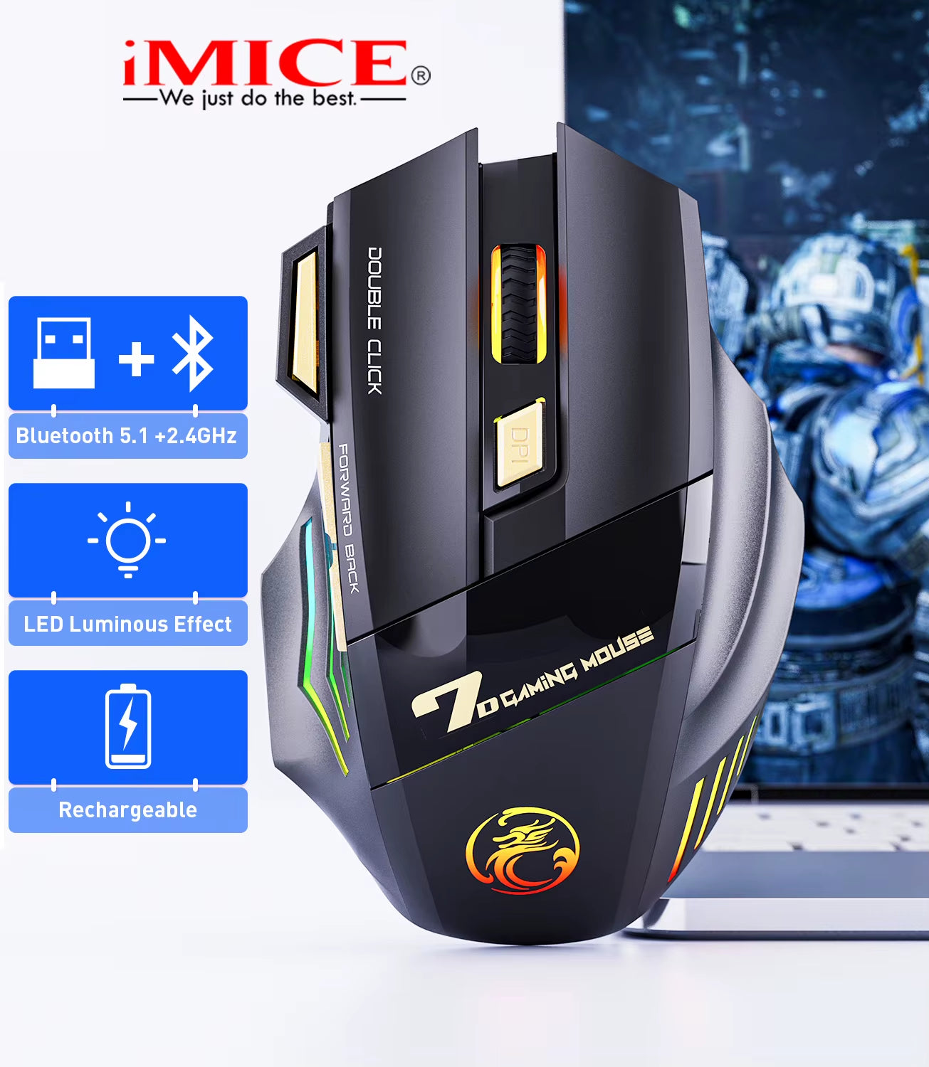 Rechargeable Computer Mice Wirless Gaming Wireless Bluetooth Silent 3200 DPI Ergonomic USB Mause with Backligh