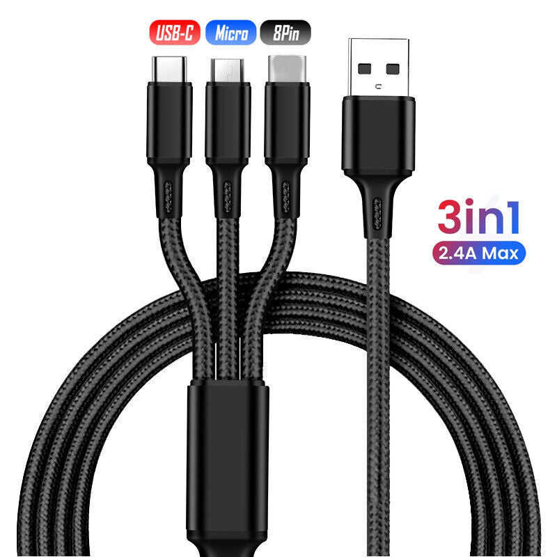 3 in 1 Fast USB Charging Cable Universal Multi Function Cell Phone Charger Cord